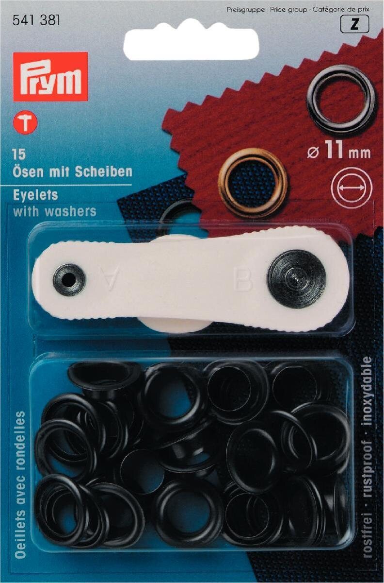 Grommet Kit 11 mm, Black, Installation tool included, Prym 541381 Black