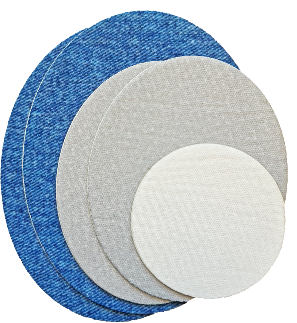 Vaatelaastari korjauspaikat, joustava kierrätyspolyesteri, Arki, Maxi 2 kpl (10 x 8 cm farkku ovaali), Medium 2 kpl (8 x 6,5 cm harmaa ovaali), Mini 1 kpl (⌀ 5 cm valkoinen ympyrä) Useita