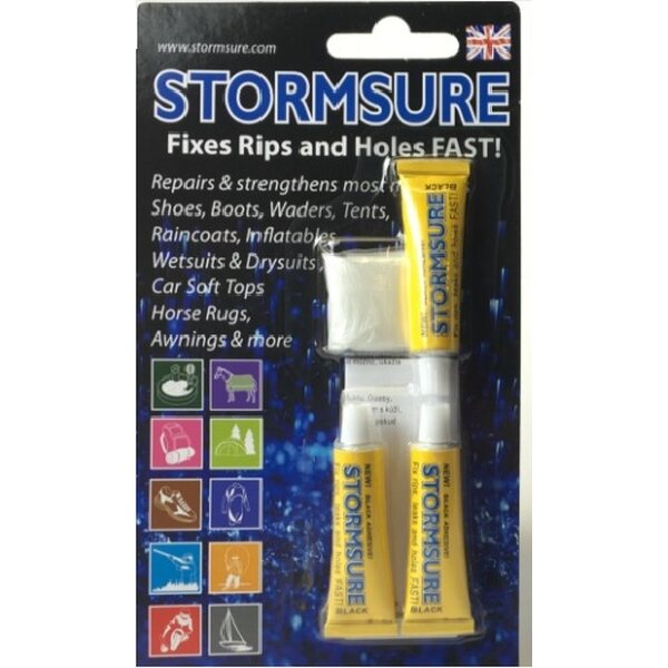Stormsure Flexible Repair Glue, Black, Package with three (3) pieces of 5 gram tubes, incl. disposable gloves